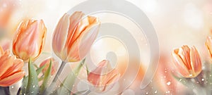 Peach pink tulips bouquet on light background with bokeh. Banner with copy space. Perfect for poster, greeting card