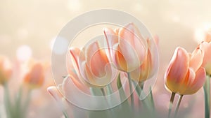 Peach pink tulips bouquet on light background with bokeh. Perfect for greeting, event invitation, promotion, advertising