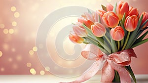 Peach pink tulips bouquet with ribbon bow on light background with bokeh. Banner with copy space. Perfect for poster