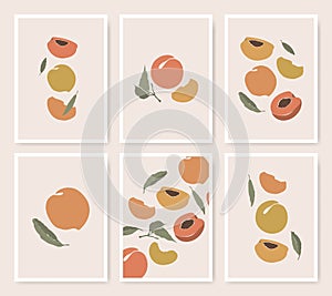 Peach poster set with hand-drawn fruit icons with leaves. Abstract plant composition in minimalistic style.