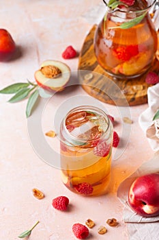 Peach raspberry iced tea, summer refreshing drink, beverage, cocktail