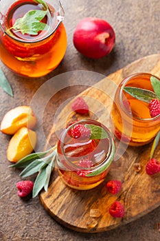 Peach raspberry iced tea, summer refreshing drink, beverage, cocktail