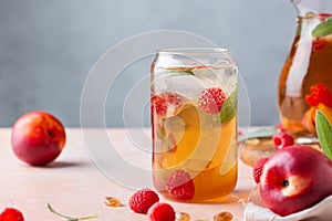 Peach raspberry iced tea, summer refreshing drink, beverage, cocktail