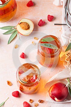 Peach raspberry iced tea, summer refreshing drink, beverage, cocktail