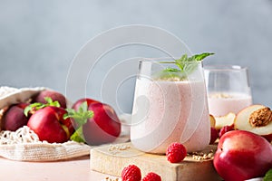 Peach raspberry smoothie, summer refreshing drink, beverage