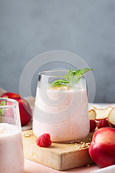 Peach raspberry smoothie, summer refreshing drink, beverage