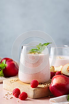 Peach raspberry smoothie, summer refreshing drink, beverage
