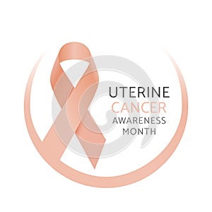 Peach ribbon. Vector Uterine Cancer Awareness Month sign isolated on white background. Realistic ribbon background
