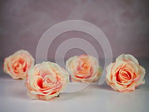 4 peach rose flower blooms sitting on a shiny white surface with a rose marble background.  Simple and elegant home decor