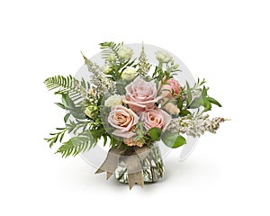 Peach Roses Flower Arrangement in a Short Vase Designed by Florist - White Space Background photo