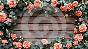 Peach Roses and Eucalyptus Frame Rustic Wood Background