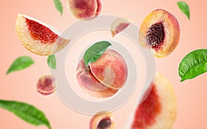 Peach slices and leaves flying on peach colour background