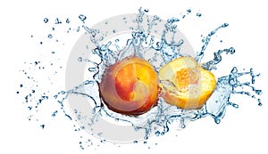 Peach in spray of water.