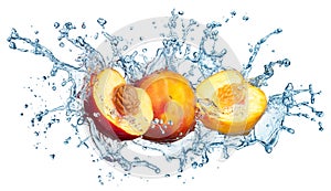 Peach in spray of water.