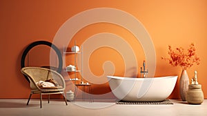 Peach themed modern bathroom with luxurious bathtub and fuzzy decor accents for an elegant touch