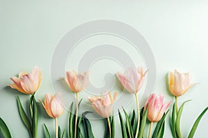 Peach tulips on light green background. Spring holidays concept. Top view, flat lay