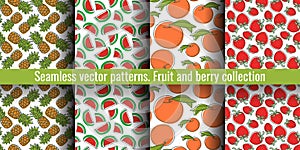 Peach, watermelon, pineapple, strawberry. Seamless pattern set. Juicy fruit and berry collection. Hand drawn color vector sketch