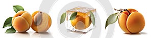 Peach on a white background. A set of juicy ripe peaches with leaves and frozen in an ice cube on a white background. Generative