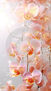 Peach white orchids bouquet on light background with glitter and bokeh. Banner with copy space. Perfect for poster