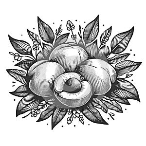 Peaches apricot engraving raster illustration