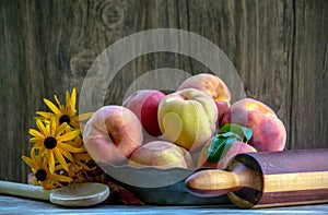 peaches and baking tools for a pie
