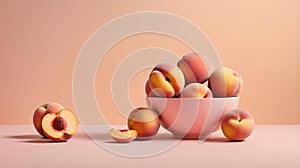 Peaches in a bowl on a pink background, apricots in a pink bowl