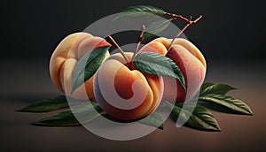 Peaches with leaves on a dark background. 3d illustration.