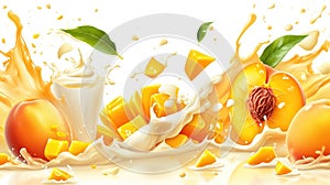 Peaches and mango splashing into milk, yogurt, and sour cream, a fruity spectacle, Ai Generated