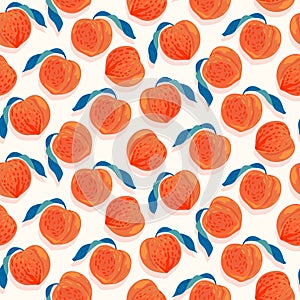 Peaches seamless pattern design. Vector tropical juicy fruit background