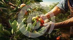peaches on a tree, peach tree in the garden, harvest for peaches, close-up of hands picking up of peaches