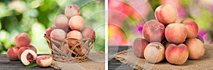 peaches in a wicker basket on wooden table with blurred background