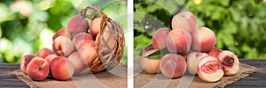 peaches in a wicker basket on wooden table with blurred background