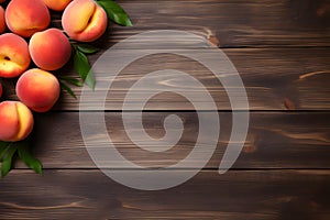 Peaches on a wooden background, empty copy space, Horizontal format 3:2