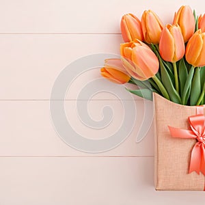 Peachy Elegance A Flat Peach Background Adorned with a Luxurious Bouquet of Orange Tulips Gift