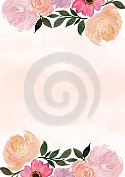 Peachy pink watercolor background in pastel colors, soft colored card template with watercolor floral arrangement, illustration