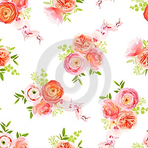 Peachy roses, ranunculus and herbs bouquets seamless vector print