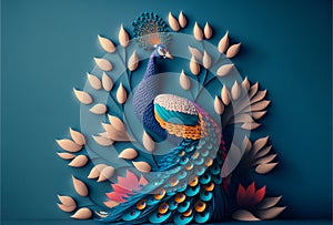 peacock on branch wallpaper. colorful flowers 3d mural background. wall canvas poster art