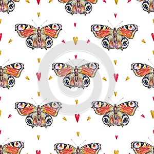 Peacock butterflies and hearts on a white background. Watercolor drawing. Insects art. Handwork. Seamless pattern for design
