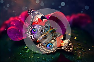 Peacock Butterfly on a Radiant Purple Red Blossom - generative AI, AI generated
