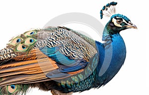 A peacock displaying its spectacular tail feathers in full splendor, isolated on white.