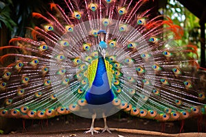 Peacock Displaying Vibrant Feather Plumage.