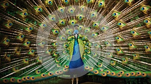 A Peacock with fanned tail. Generative Ai