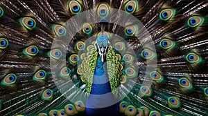 A Peacock with fanned tail. Generative Ai