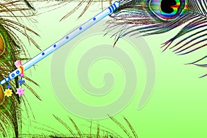 Peacock feather and flute overg green background with text copy space