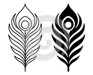Peacock feather illustration, black and white, outline and silhouette