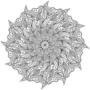 Peacock feather mandala, outline meditative coloring page in circle shape with swirls and striped elements