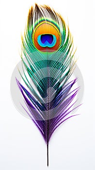 Peacock Feather in Vivid Color Isolated on a Stark White Background