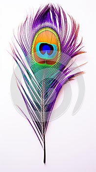 Peacock Feather in Vivid Color Isolated on a Stark White Background