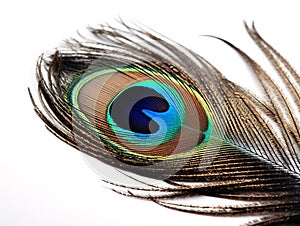 peacock feather on white background closeup