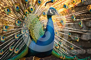 peacock with feathers fanned, sunset illuminating